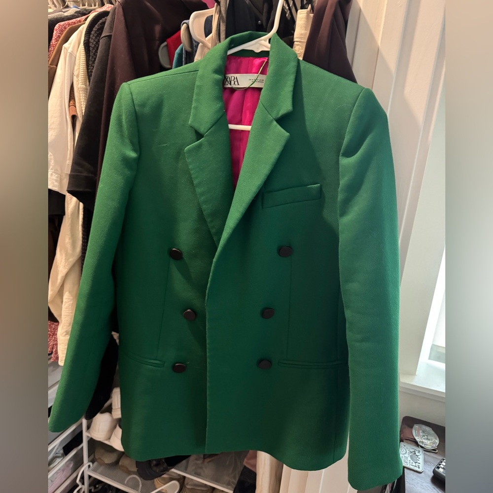 Zara Bright Green Double-Breasted Blazer with Pink Lining